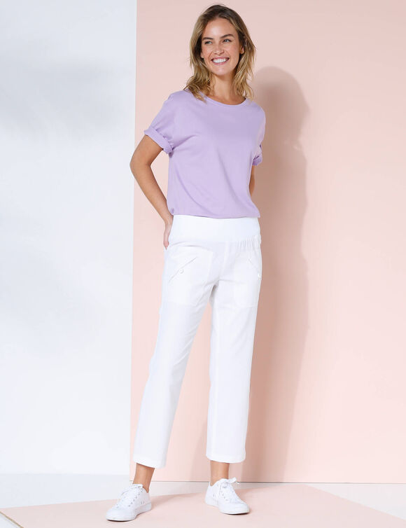 Pantalon droit 7/8ème, taille élastiquée, lin coton (blanc) Pantalon droit 7/8ème, taille élastiquée, lin coton (blanc)